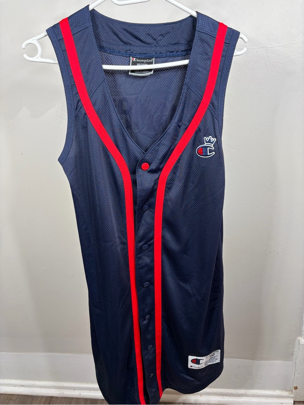 Champion Navy Blue‎ Mesh Baseball Jersey Dress Crown Logo Sporty Mini Athletic